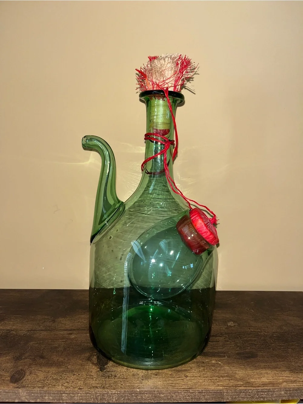 Green Glass Decorative Cruet with Red Accents